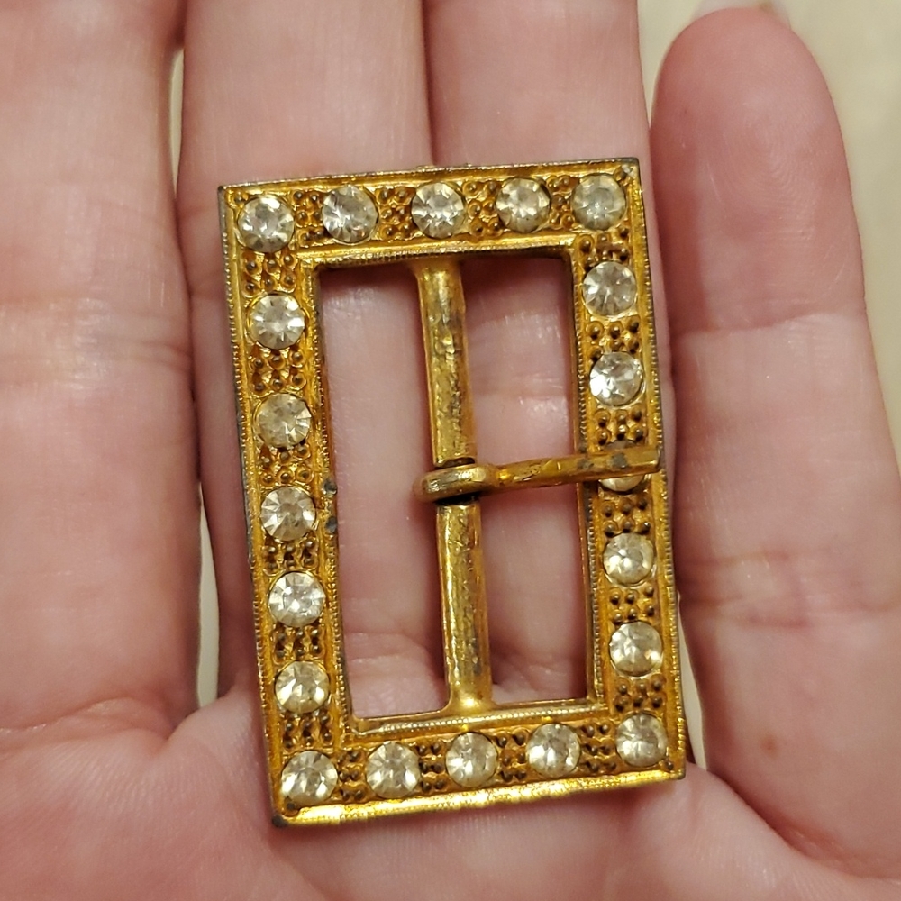 Vintage goldtone clear rhinestone belt  buckles shoe clips retro wicked whimsy